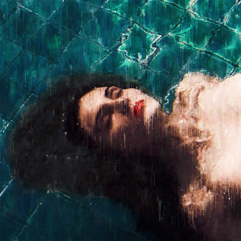 Impressionistic digital painting of a woman lying in turquoise water