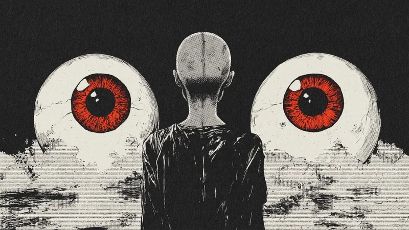 Surreal illustration of a bald figure between two giant red eyeballs